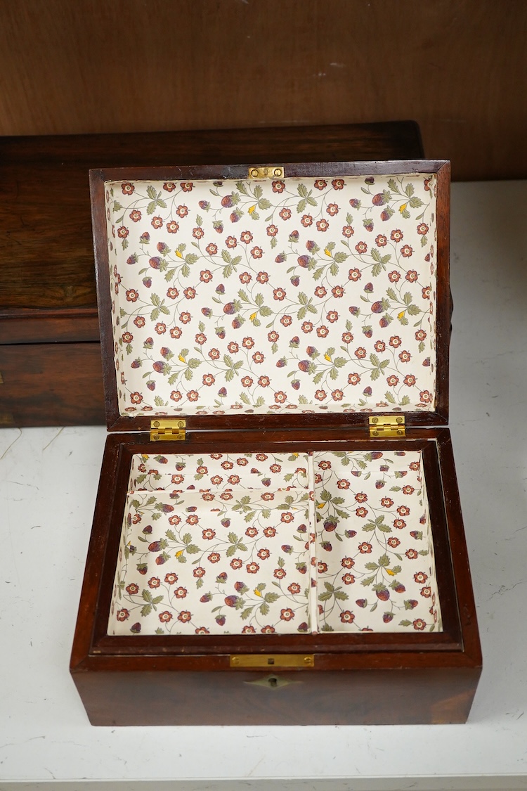 A Victorian brass inlaid mahogany jewellery box and one other writing slope, lacking interior, 40cm wide